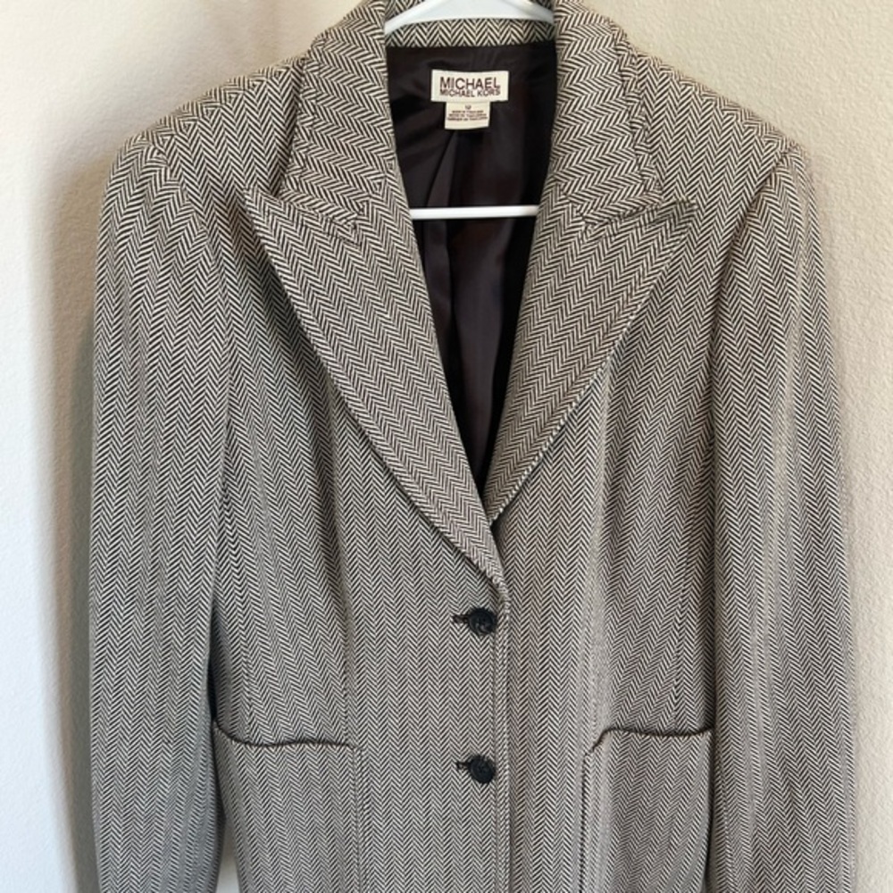 MICHAEL KORS Herringbone Suit Blazer SZ 12 Equestrian Campus Dark Academia